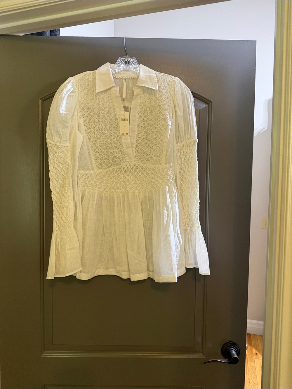 Anthropologie White Smocked Peasant Blouse with Collared V-Neck - Picture 3 of 3